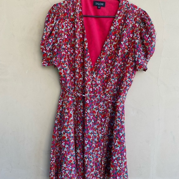 SALONI / Lea Silk Puff Sleeve A-Line wrap mini floral poppy pink Silk Dress 12 - Picture 10 of 11